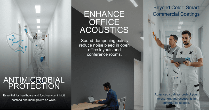 Composite image demonstrating commercial painting services: antimicrobial paint protection for healthcare and food service environments, sound-dampening acoustic coatings for open office layouts, and advanced smart coatings for commercial property protection applied by professional painters